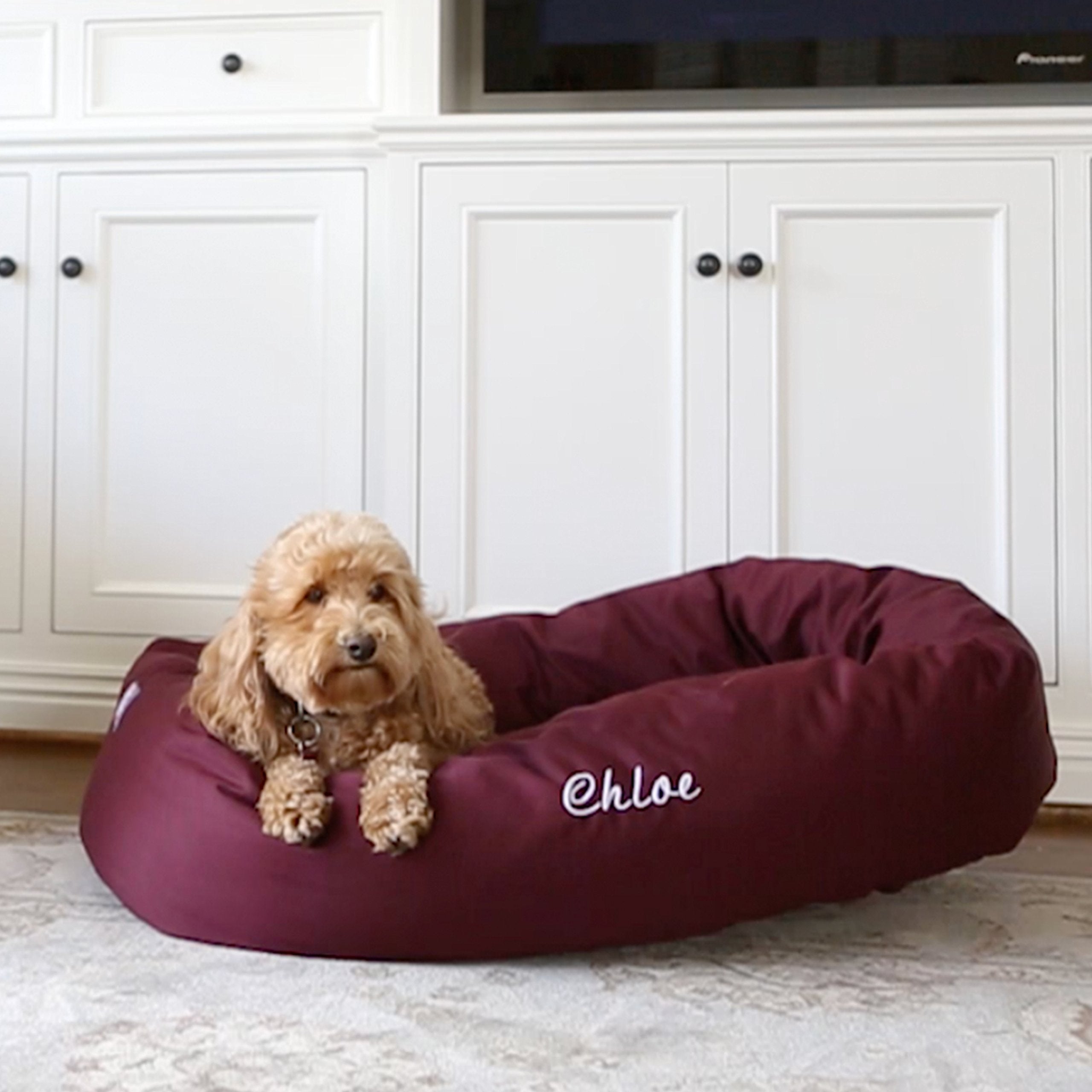 Majestic Pet Personalized Extra Large Burgundy Pet Bagel Dog Bed - Machine Washable - Soft Comfortable Sleeping Mat - Durable Br